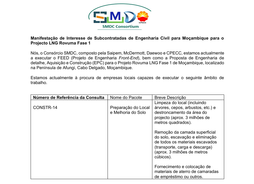 Manifestação de Interesse de Subcontratadas de Engenharia Civil para Moçambique para o Projecto LNG Rovuma Fase 1